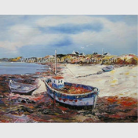 لوحات زيتية لقوارب الصيد مرسومة يدويًا ، لوحة قماشية تجريدية على الشاطئ